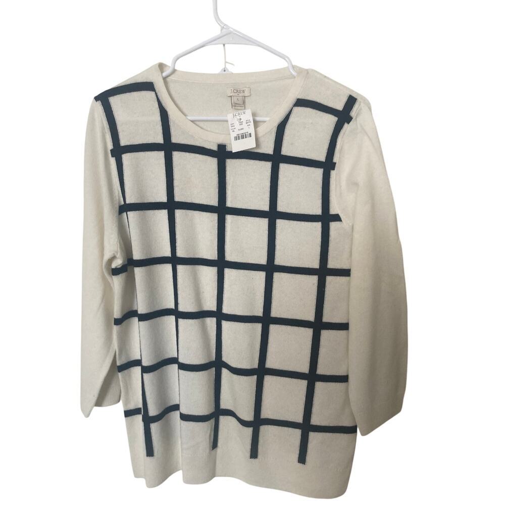 NWT J. Crew Windowpane Black Sparkle White Merino Wool  Blend Sweater L